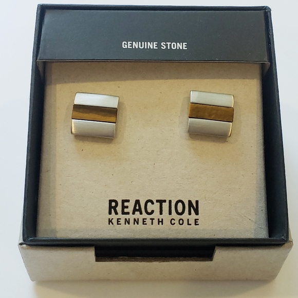 Kenneth Cole Reaction Silver Tiger's Eye Cufflinks - Picture 2 of 3